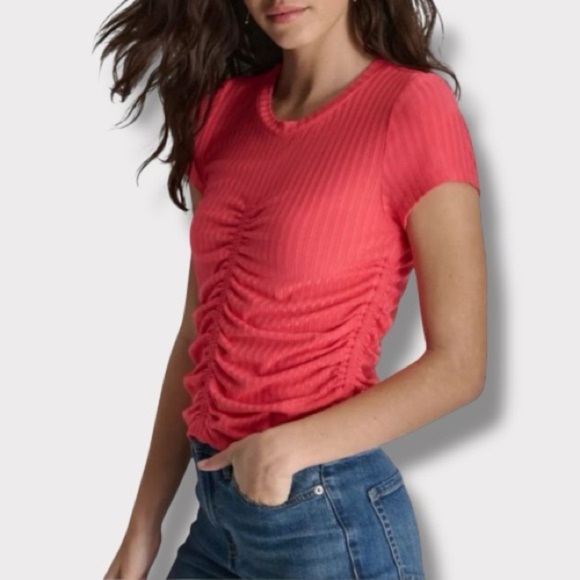 DKNY Coral Red Ruched Short Sleeve Cute Top NWT- Size Small - Picture 2 of 8